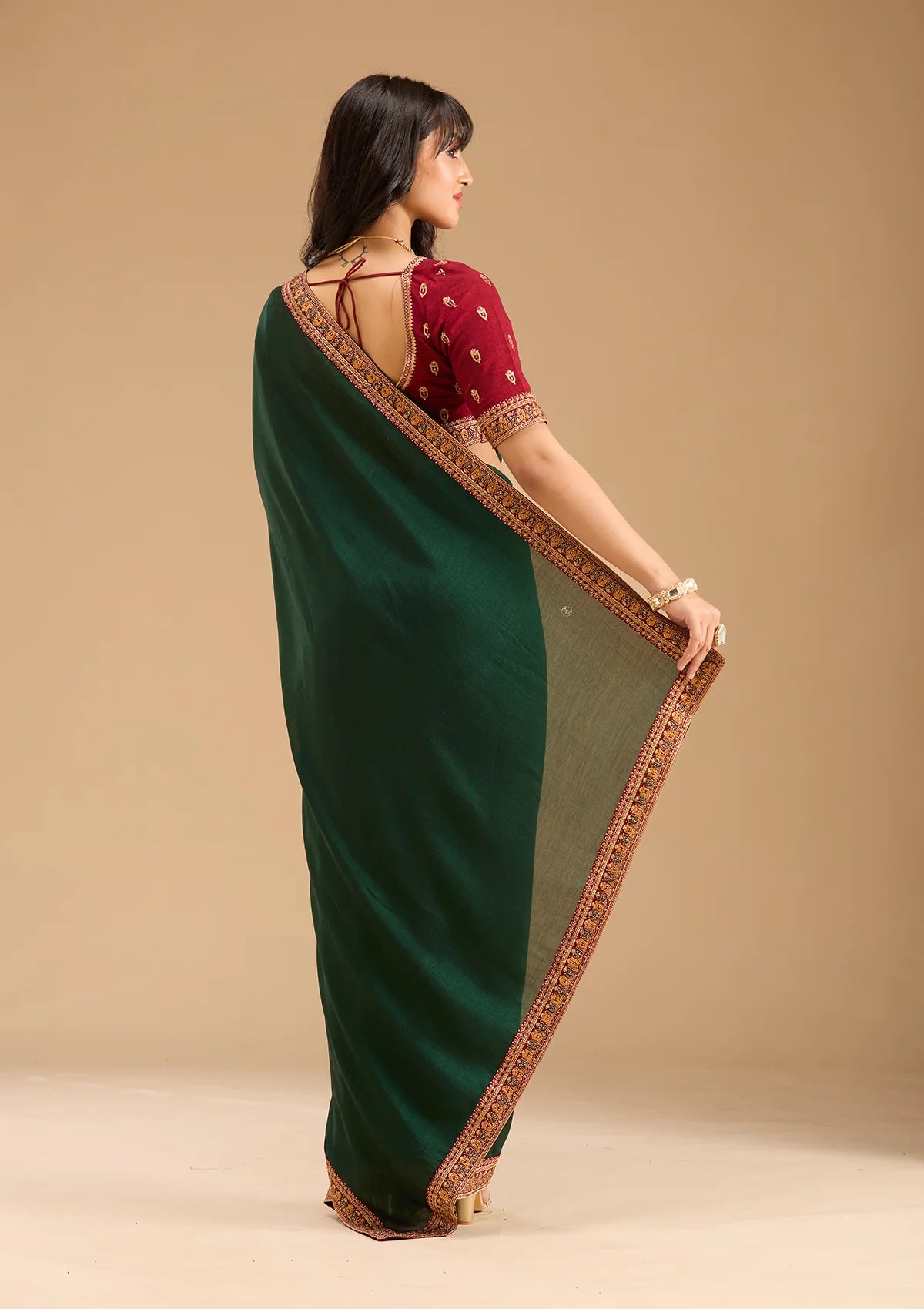 Bottle Green Gold Zariwork Soft Raw Silk Saree