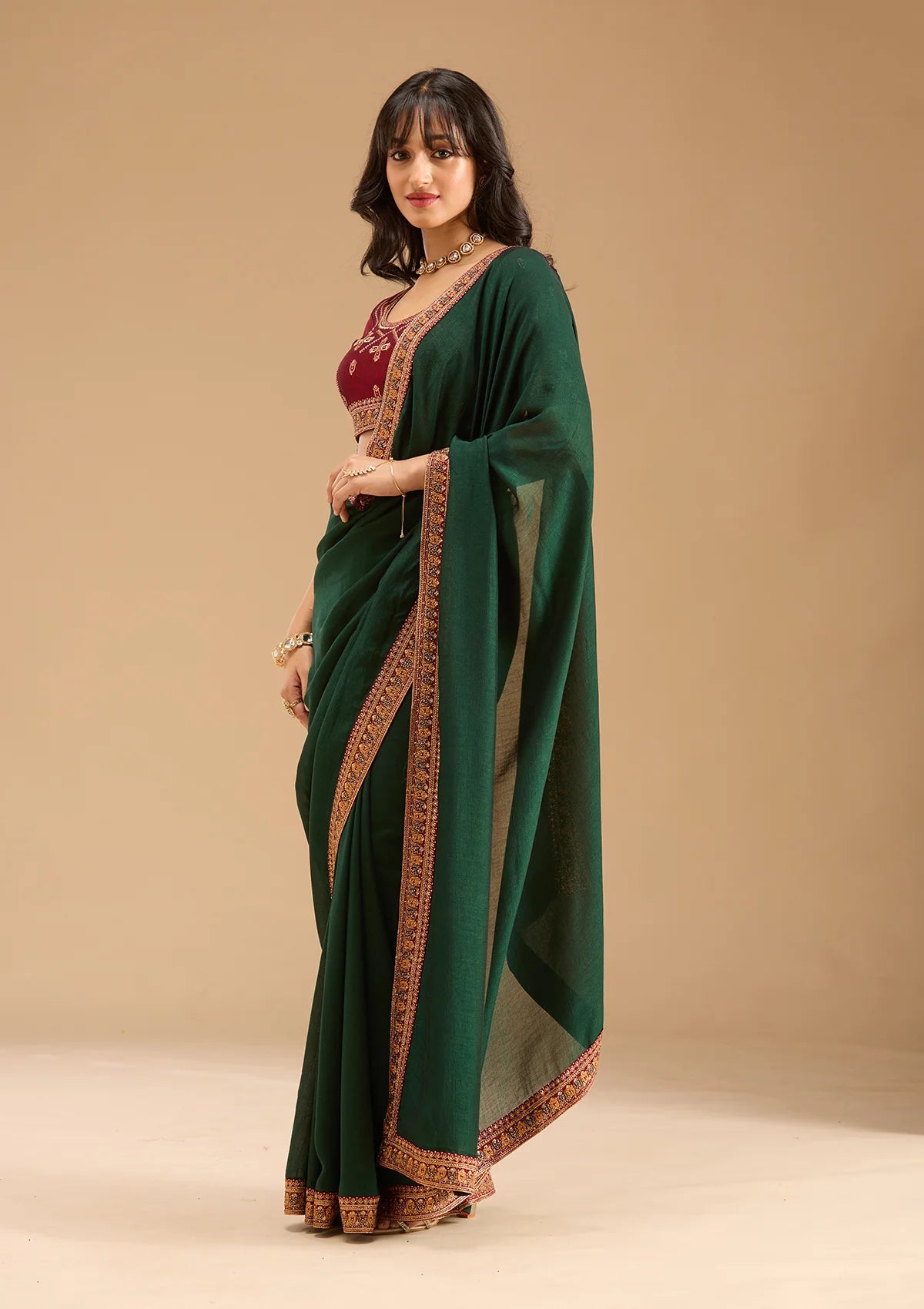 Bottle Green Gold Zariwork Soft Raw Silk Saree