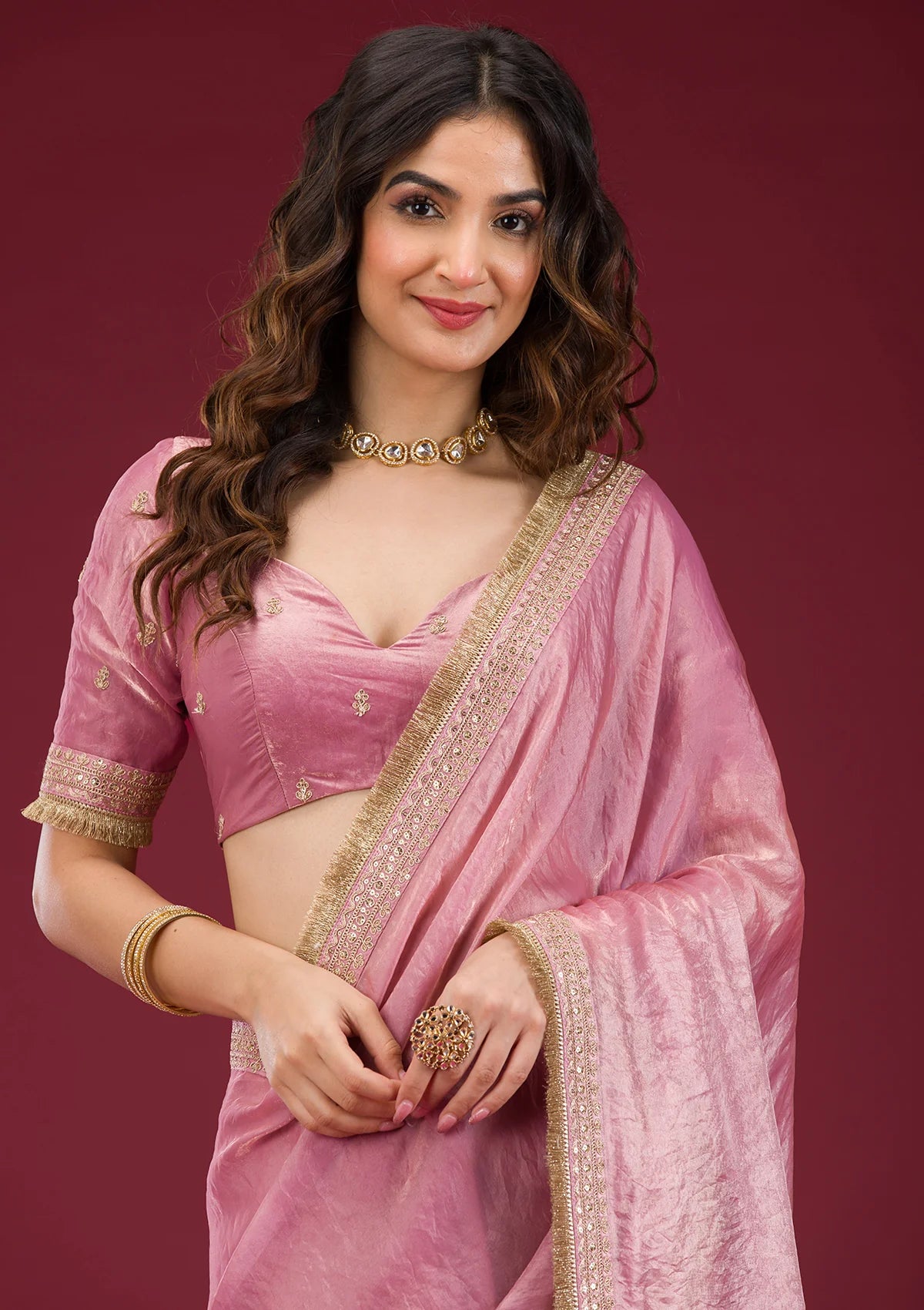 Onion Pink Threadwork Tissue Saree